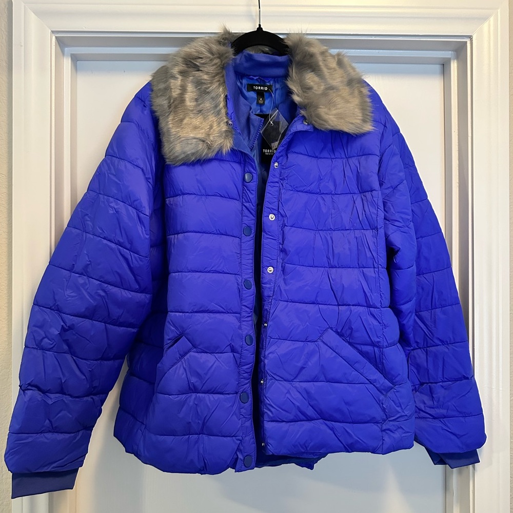 Torrid Royal Blue Puffer Jacket with Faux Fur Trim